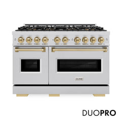 ZLINE Autograph Edition 48 in. 6.7 cu. ft. Classic Dual Fuel Range with 8 Burner DuoPro™ Cooktop and Dual Ovens in Stainless Steel and Champagne Bronze Accents - PCDRZ-48-CB - The Home Selection