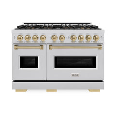 ZLINE Autograph Edition 48 in. 6.7 cu. ft. Classic Dual Fuel Range with 8 Burner DuoPro™ Cooktop and Dual Ovens in Stainless Steel and Champagne Bronze Accents - PCDRZ-48-CB - The Home Selection