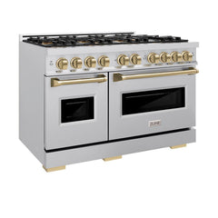 ZLINE Autograph Edition 48 in. 6.7 cu. ft. Classic Dual Fuel Range with 8 Burner DuoPro™ Cooktop and Dual Ovens in Stainless Steel and Champagne Bronze Accents - PCDRZ-48-CB - The Home Selection