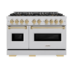 ZLINE Autograph Edition 48 in. 6.7 cu. ft. Classic Dual Fuel Range with 8 Burner DuoPro™ Cooktop and Dual Ovens in Stainless Steel and Champagne Bronze Accents - PCDRZ-48-CB - The Home Selection