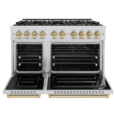 ZLINE Autograph Edition 48 in. 6.7 cu. ft. Classic Dual Fuel Range with 8 Burner DuoPro™ Cooktop and Dual Ovens in Stainless Steel and Champagne Bronze Accents - PCDRZ-48-CB - The Home Selection