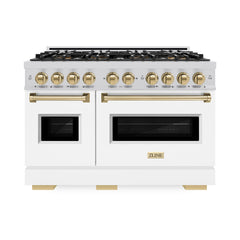 ZLINE Autograph Edition 48 in. 6.7 cu. ft. Classic Dual Fuel Range with 8 Burner DuoPro™ Cooktop and Dual Ovens with White Matte Doors and Champagne Bronze Accents