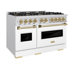 ZLINE Autograph Edition 48 in. 6.7 cu. ft. Classic Dual Fuel Range with 8 Burner DuoPro™ Cooktop and Dual Ovens with White Matte Doors and Champagne Bronze Accents