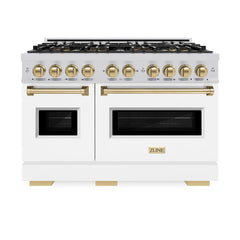 ZLINE Autograph Edition 48 in. 6.7 cu. ft. Classic Dual Fuel Range with 8 Burner DuoPro™ Cooktop and Dual Ovens with White Matte Doors and Champagne Bronze Accents