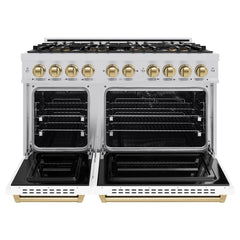 ZLINE Autograph Edition 48 in. 6.7 cu. ft. Classic Dual Fuel Range with 8 Burner DuoPro™ Cooktop and Dual Ovens with White Matte Doors and Champagne Bronze Accents