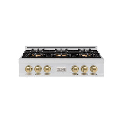 ZLINE 36 in. Classic Gas Rangetop with 6 Burner DuoPro™ Cooktop in Sta - Stainless Steel with Champagne Bronze Accents