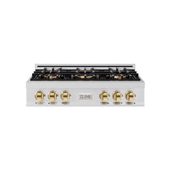 ZLINE 36 in. Classic Gas Rangetop with 6 Burner DuoPro™ Cooktop in Sta - Stainless Steel with Polished Gold Accents