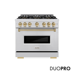 ZLINE Autograph Edition 36 in. 5.2 cu. ft. Classic Gas Range with 6 Burner DuoPro™ Cooktop and Convection Gas Oven in Stainless Steel and Champagne Bronze Accents