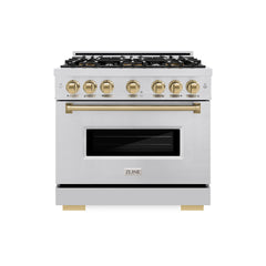 ZLINE Autograph Edition 36 in. 5.2 cu. ft. Classic Gas Range with 6 Burner DuoPro™ Cooktop and Convection Gas Oven in Stainless Steel and Champagne Bronze Accents