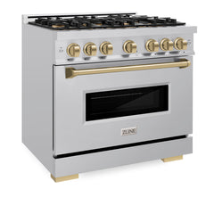 ZLINE Autograph Edition 36 in. 5.2 cu. ft. Classic Gas Range with 6 Burner DuoPro™ Cooktop and Convection Gas Oven in Stainless Steel and Champagne Bronze Accents