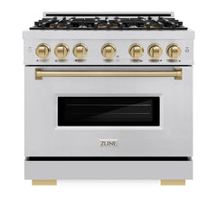 ZLINE Autograph Edition 36 in. 5.2 cu. ft. Classic Gas Range with 6 Burner DuoPro™ Cooktop and Convection Gas Oven in Stainless Steel and Champagne Bronze Accents