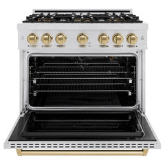 ZLINE Autograph Edition 36 in. 5.2 cu. ft. Classic Gas Range with 6 Burner DuoPro™ Cooktop and Convection Gas Oven in Stainless Steel and Champagne Bronze Accents