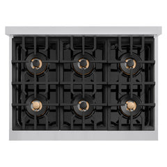 ZLINE Autograph Edition 36 in. 5.2 cu. ft. Classic Gas Range with 6 Burner DuoPro™ Cooktop and Convection Gas Oven in Stainless Steel and Champagne Bronze Accents