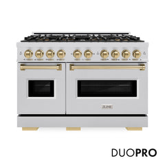 ZLINE Autograph Edition 48 in. 6.7 cu. ft. Classic Gas Range with 8 Burner DuoPro™ Cooktop and Dual Ovens in Stainless Steel and Champagne Bronze Accents