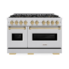 ZLINE Autograph Edition 48 in. 6.7 cu. ft. Classic Gas Range with 8 Burner DuoPro™ Cooktop and Dual Ovens in Stainless Steel and Champagne Bronze Accents