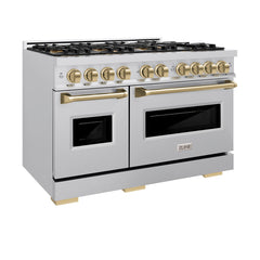 ZLINE Autograph Edition 48 in. 6.7 cu. ft. Classic Gas Range with 8 Burner DuoPro™ Cooktop and Dual Ovens in Stainless Steel and Champagne Bronze Accents