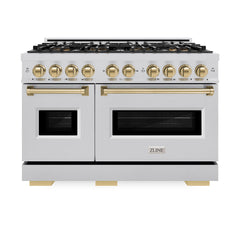 ZLINE Autograph Edition 48 in. 6.7 cu. ft. Classic Gas Range with 8 Burner DuoPro™ Cooktop and Dual Ovens in Stainless Steel and Champagne Bronze Accents