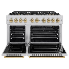 ZLINE Autograph Edition 48 in. 6.7 cu. ft. Classic Gas Range with 8 Burner DuoPro™ Cooktop and Dual Ovens in Stainless Steel and Champagne Bronze Accents