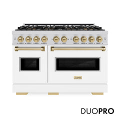 ZLINE Autograph Edition 48 in. 6.7 cu. ft. Classic Gas Range with 8 Burner DuoPro™ Cooktop and Dual Ovens with White Matte Doors and Champagne Bronze Accents