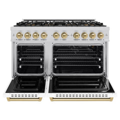 ZLINE Autograph Edition 48 in. 6.7 cu. ft. Classic Gas Range with 8 Burner DuoPro™ Cooktop and Dual Ovens with White Matte Doors and Champagne Bronze Accents