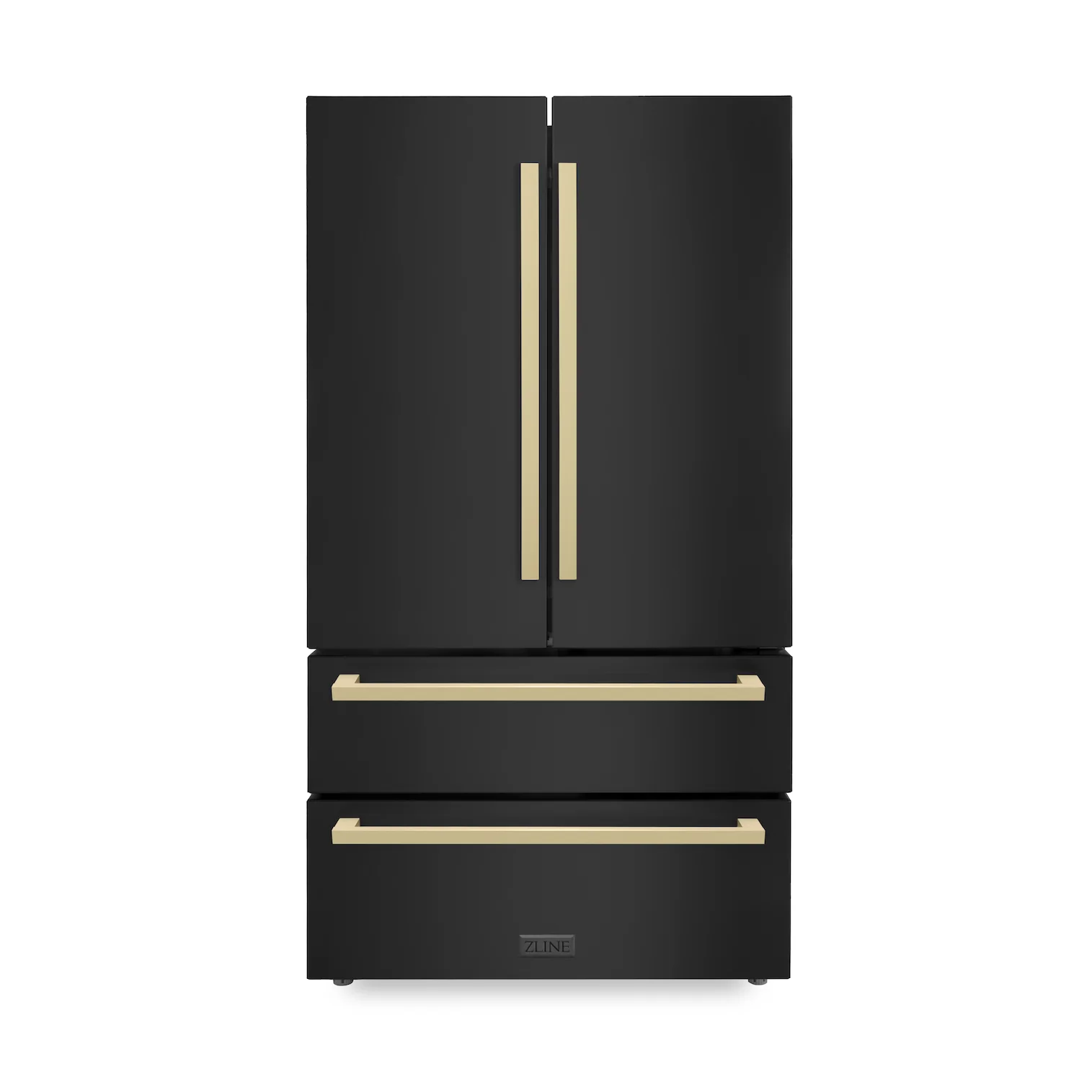 ZLINE 36" Autograph Edition 22.5 cu. ft 4-Door French Door Refrigerator with Ice Maker in Black Stainless Steel with Champagne Bronze Square Handles (RFMZ-36-BS-FCB)