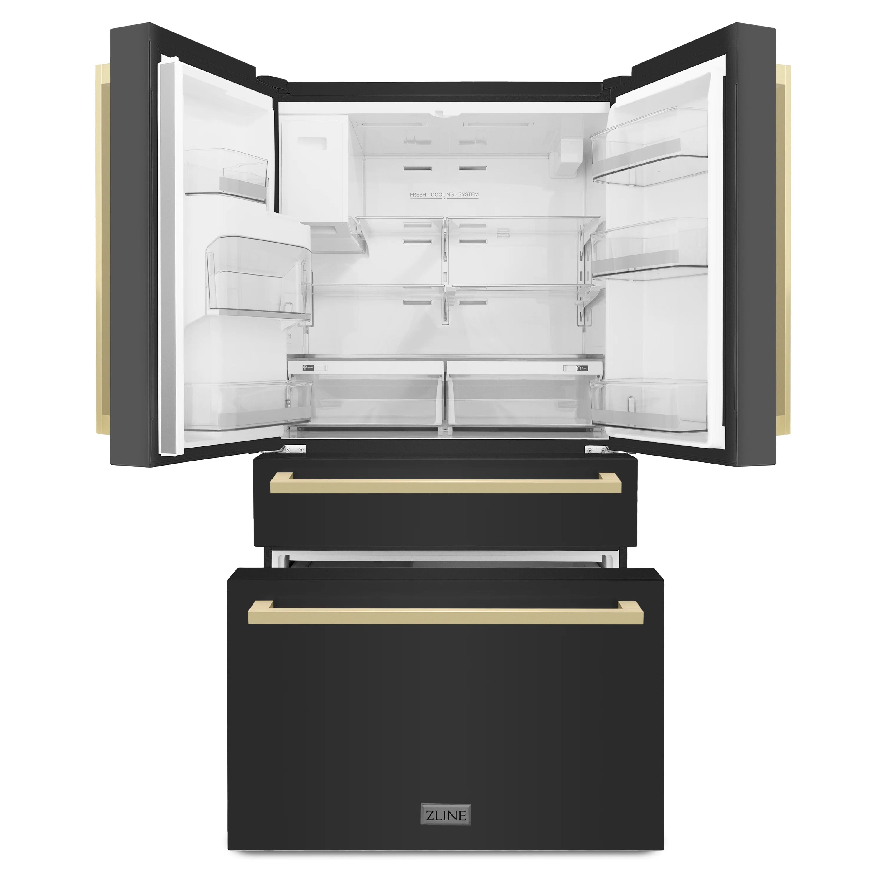 ZLINE 36" Autograph Edition 21.6 cu. ft 4-Door French Door Refrigerator with Water and Ice Dispenser in Black Stainless Steel with Champagne Bronze Square Handles (RFMZ-W36-BS-FCB)