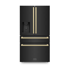 ZLINE 36" Autograph Edition 21.6 cu. ft 4-Door French Door Refrigerator with Water and Ice Dispenser in Black Stainless Steel with Champagne Bronze Square Handles (RFMZ-W36-BS-FCB)