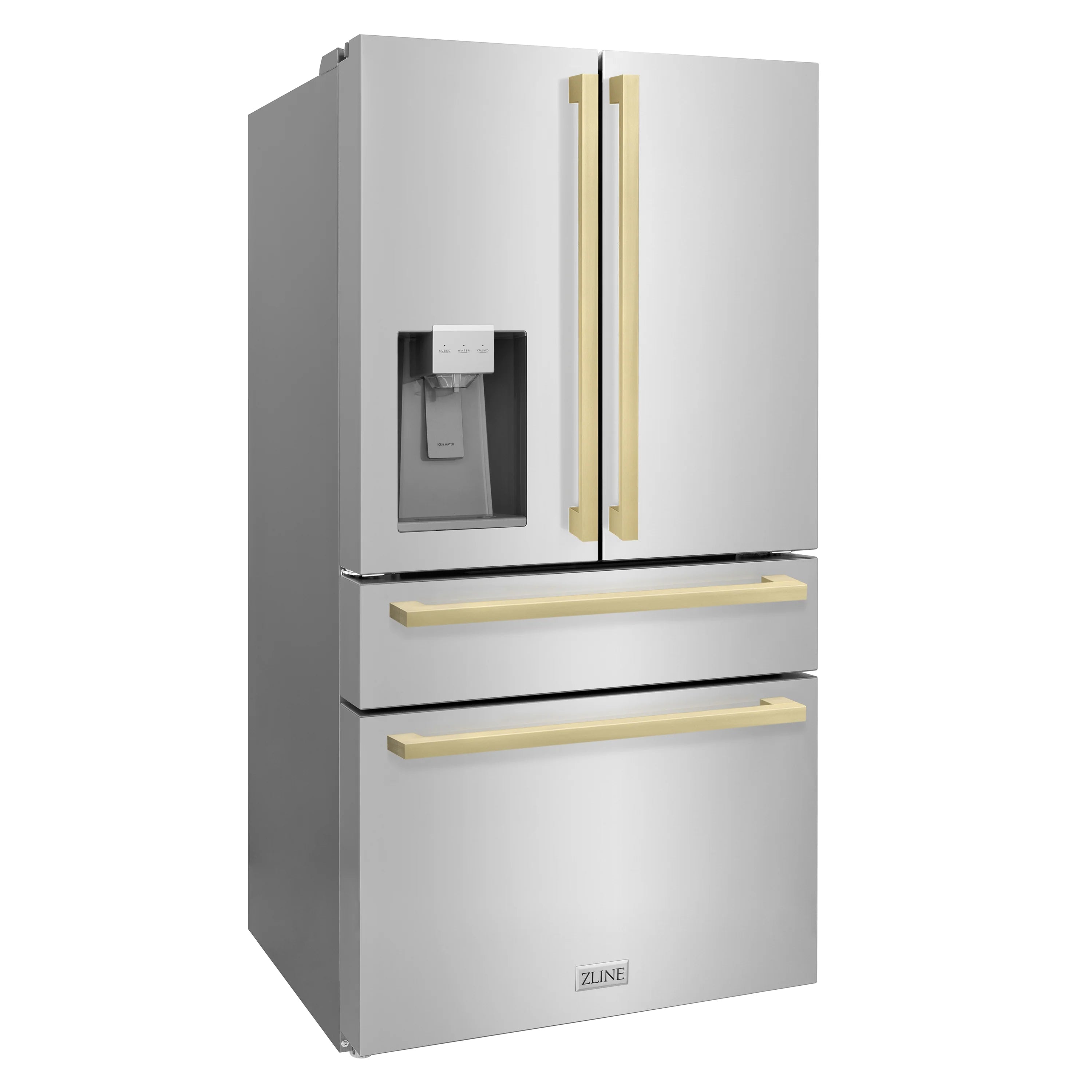ZLINE 36" Autograph Edition 21.6 cu. ft 4-Door French Door Refrigerator with Water and Ice Dispenser in Stainless Steel with Champagne Bronze Square Handles (RFMZ-W-36-FCB)