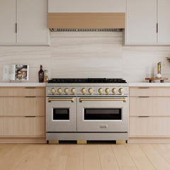 ZLINE Autograph Edition 48 in. 6.7 cu. ft. Classic Dual Fuel Range with 8 Burner DuoPro™ Cooktop and Dual Ovens in Satin Stainless Steel and Champagne Bronze Accents - PCDRSZ-48-CB - The Home Selection