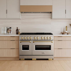 ZLINE Autograph Edition 48 in. 6.7 cu. ft. Classic Dual Fuel Range with 8 Burner DuoPro™ Cooktop and Dual Ovens in Stainless Steel and Champagne Bronze Accents - PCDRZ-48-CB - The Home Selection