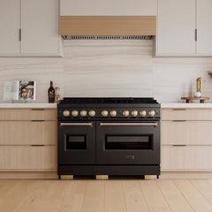 ZLINE Autograph Edition 48 in. 6.7 cu. ft. Classic Gas Range with 8 Burner DuoPro™ Cooktop and Dual Ovens in Black Stainless Steel and Champagne Bronze Accents - PCGRBZ-48-CB - The Home Selection