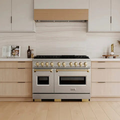 ZLINE Autograph Edition 48 in. 6.7 cu. ft. Classic Gas Range with 8 Burner DuoPro™ Cooktop and Dual Ovens in Satin Stainless Steel and Champagne Bronze Accents - PCGRSZ-48-CB - The Home Selection