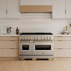 ZLINE Autograph Edition 48 in. 6.7 cu. ft. Classic Gas Range with 8 Burner DuoPro™ Cooktop and Dual Ovens in Stainless Steel and Champagne Bronze Accents