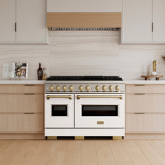 ZLINE Autograph Edition 48 in. 6.7 cu. ft. Classic Gas Range with 8 Burner DuoPro™ Cooktop and Dual Ovens with White Matte Doors and Champagne Bronze Accents