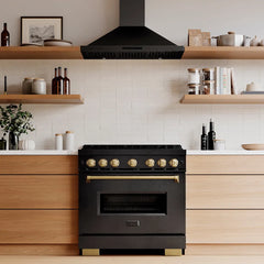 ZLINE Autograph Edition 36 in. 5.2 cu. ft. Classic Gas Range with 6 Burner DuoPro™ Cooktop and Convection Gas Oven in Black Stainless Steel and Champagne Bronze Accents