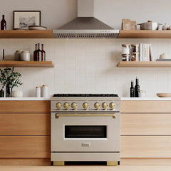 ZLINE Autograph Edition 36 in. 5.2 cu. ft. Classic Gas Range with 6 Burner DuoPro™ Cooktop and Convection Gas Oven in Satin Stainless Steel and Champagne Bronze Accents - PCGRSZ-36-CB - The Home Selection