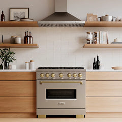 ZLINE Autograph Edition 36 in. 5.2 cu. ft. Classic Gas Range with 6 Burner DuoPro™ Cooktop and Convection Gas Oven in Stainless Steel and Champagne Bronze Accents