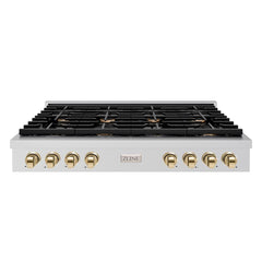 ZLINE Autograph Edition 48 in. Paramount Gas Rangetop with 8 Burners and Porcelain Cooktop in Stainless Steel with Polished Gold Accents - SRTZ-48-G - The Home Selection