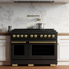 ZLINE Autograph Edition 48 in. 6.7 cu. ft. Paramount Double Oven Dual Fuel Range with 8 Burner Gas Cooktop in Black Stainless Steel and Polished Gold Accents - SDRBZ-48-G - The Home Selection