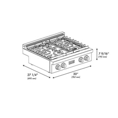 ZLINE 30 in. Paramount Gas Rangetop with 4 Burners and Porcelain Cooktop in Black Satin Stainless Steel - SRTBS