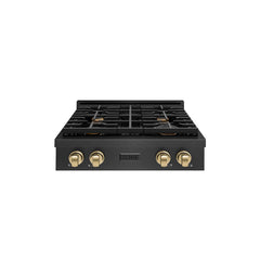 ZLINE 30 in. Paramount Gas Rangetop with 4 Burners and Porcelain Cookt - Black Satin Stainless Steel with Champagne Bronze Accents