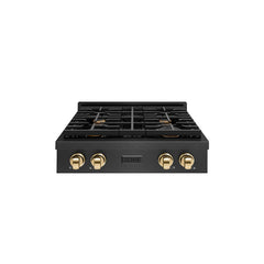 ZLINE 30 in. Paramount Gas Rangetop with 4 Burners and Porcelain Cookt - Black Satin Stainless Steel with Polished Gold Accents