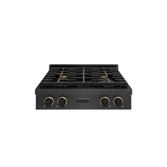 ZLINE 30 in. Paramount Gas Rangetop with 4 Burners and Porcelain Cookt - Black Satin Stainless Steel with Matte Black & Champagne Bronze Accents (Designer Collection)
