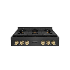 ZLINE 36 in. Paramount Gas Rangetop with 6 Burners and Porcelain Cookt - Black Satin Stainless Steel with Champagne Bronze Accents