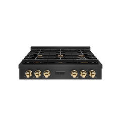ZLINE 36 in. Paramount Gas Rangetop with 6 Burners and Porcelain Cookt - Black Satin Stainless Steel with Polished Gold Accents