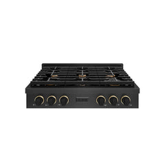 ZLINE 36 in. Paramount Gas Rangetop with 6 Burners and Porcelain Cookt - Black Satin Stainless Steel with Matte Black & Champagne Bronze Accents (Designer Collection)