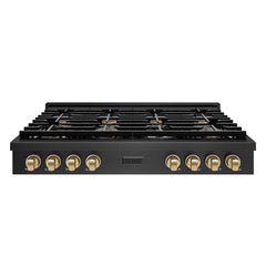 ZLINE 48 in. Paramount Gas Rangetop with 8 Burners and Porcelain Cookt - Black Satin Stainless Steel with Champagne Bronze Accents