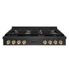 ZLINE 48 in. Paramount Gas Rangetop with 8 Burners and Porcelain Cookt - Black Satin Stainless Steel with Polished Gold Accents