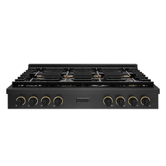 ZLINE 48 in. Paramount Gas Rangetop with 8 Burners and Porcelain Cookt - Black Satin Stainless Steel with Matte Black & Champagne Bronze Accents (Designer Collection)