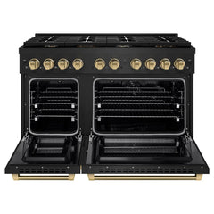 ZLINE Autograph Edition 48 in. 6.7 cu. ft. Paramount Double Oven Dual Fuel Range with 8 Burner Gas Cooktop in Black Stainless Steel with Helix Handles and Knob Accents - SDRBZ-48-K